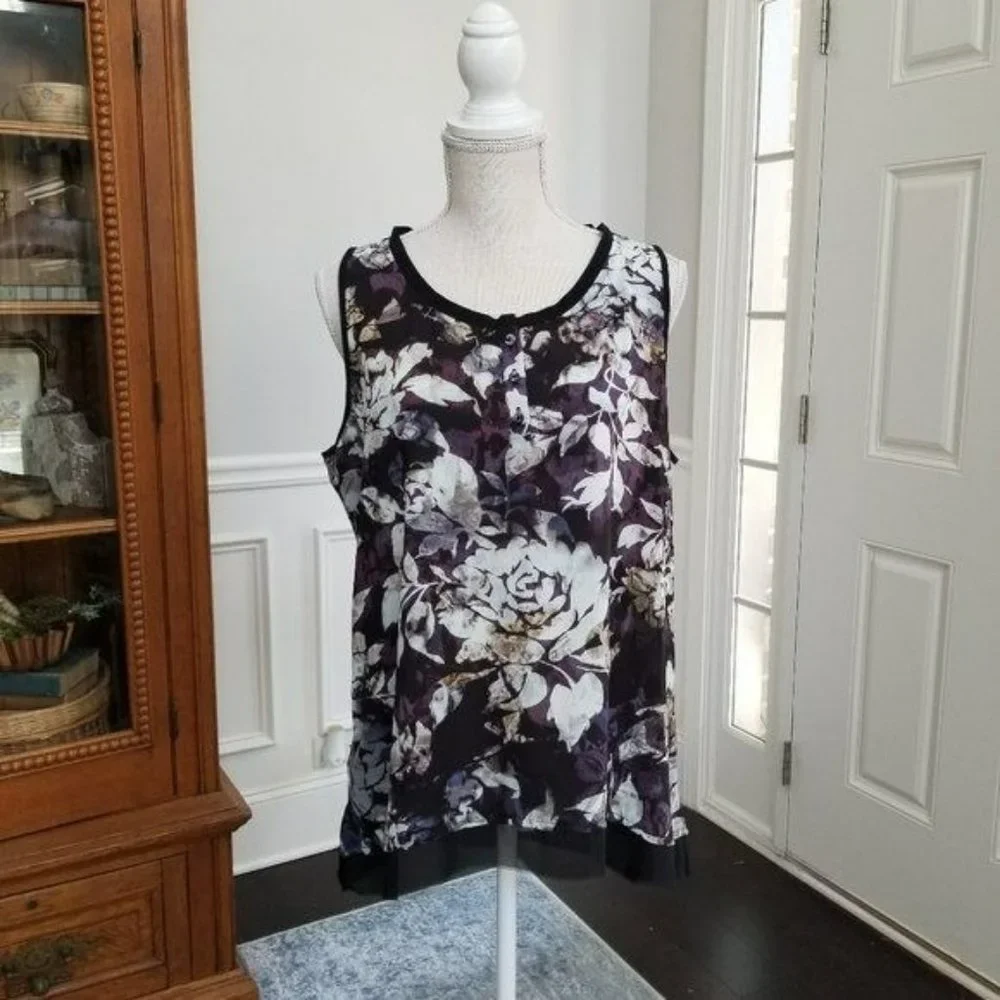 Simply Vera Vera Wang Floral Print Sleeveless Top Bodice Buttons Size Large - Picture 4 of 10
